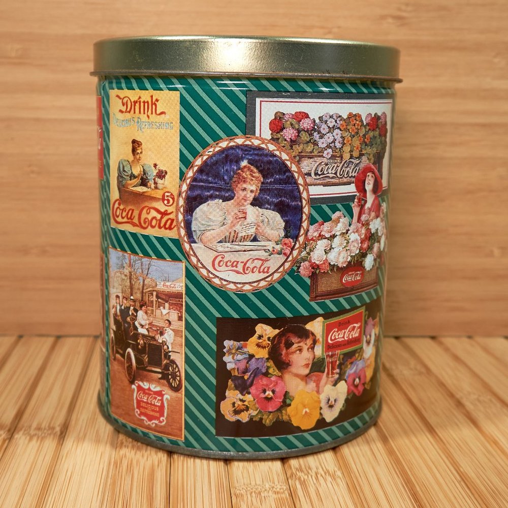 Vintage 90s Coca Cola Metal Tin with Lid, History Coca-Cola Advertisement Can